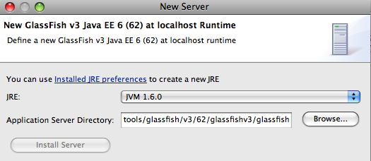 Make sure to select "JVM 1.6.0" as the Java Runtime Environment as that is the minimum requirement for GlassFish v3.