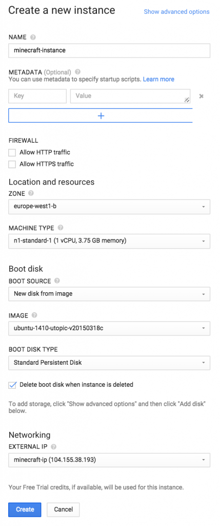 Google Cloud Create Instance